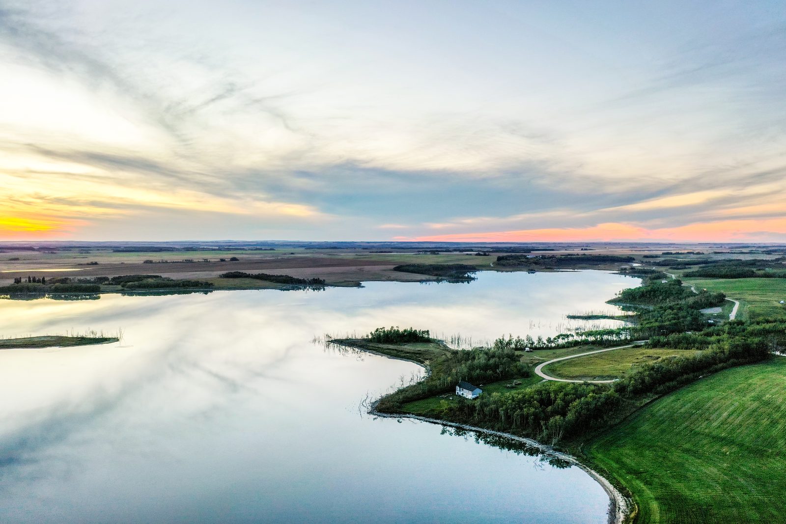 Evening aerial of Shannon Lake with the peninsula in soft light
